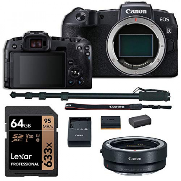 Cuerpo de cámara DSLR sin espejo EOS RP de Canon, convertidor de lentes, tarjeta de memoria Lexar 633x U3 de 64 GB, monopié y batería de repuesto