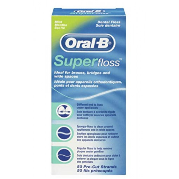 Oral-B Super Floss Mint Hilo dental para puentes de ortodoncia - 50 tiras (paquetes de 3)