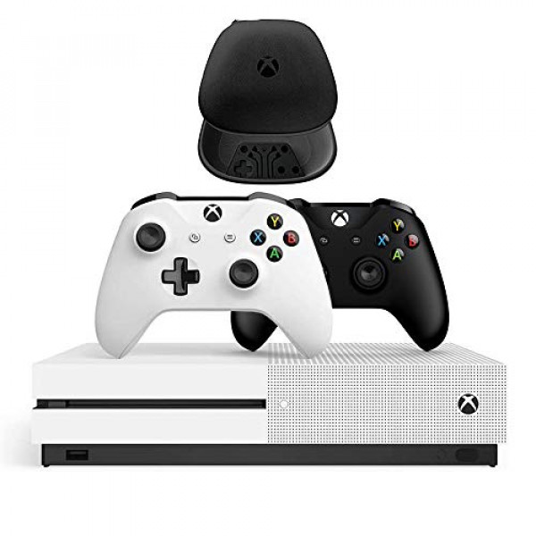 Unidad de disco duro Microsoft Xbox One S de 1 TB con dos controladores inalámbricos en blanco y negro (modelo anterior), prueba de Game Pass de 1 mes, Xbox Live Gold de 14 días, estuche para el controlador Xbox One