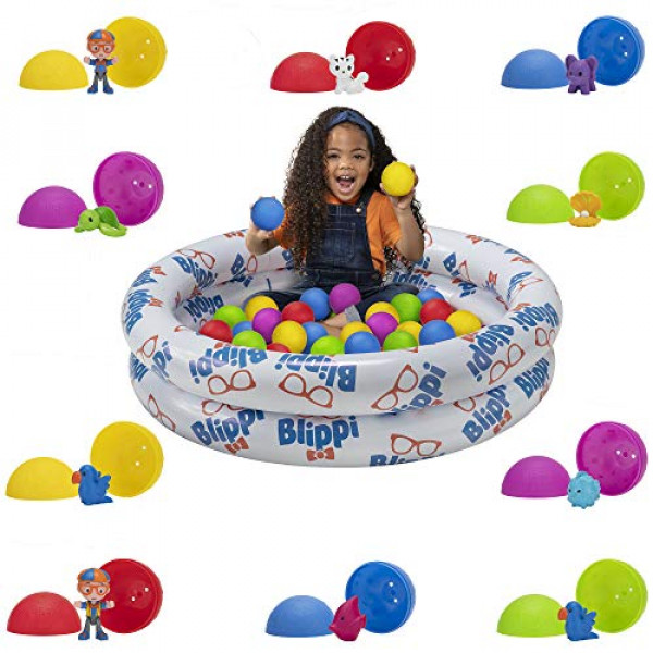 Blippi Ball Pit Mystery Adventure, con piscina inflable portátil para interiores y exteriores, 35 bolas de plástico, 10 bolas sorpresa con 10 accesorios, juguetes educativos para niños, exclusivo de Amazon