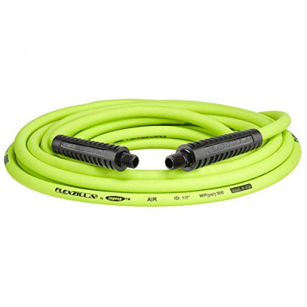 Manguera de aire Flexzilla, conexiones MNPT de 1/4 pulg. X 25 pies, 1/4 pulg., Resistente, liviana, híbrida, ZillaGreen - HFZ1425YW2