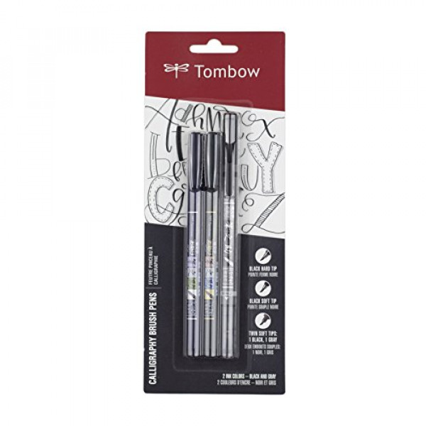 Rotuladores Tombow 62039 Fudenosuke Brush, paquete de 3. Marcadores de punta blanda, dura y de doble punta para caligrafía y dibujos artísticos