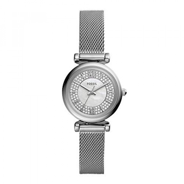 Reloj Fossil Carlie Mini Quartz Mesh de tres manecillas para mujer, Color: Silver Glitz (Modelo: ES4837)