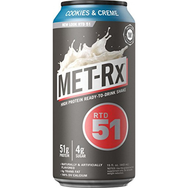 MET-Rx RTD 51 Batido de proteínas, listo para beber y conveniente para el reemplazo de comidas, bajo en carbohidratos, galletas y crema, con vitamina A, vitamina C, vitamina D y zinc para apoyar la salud inmunológica, 15 oz, 12 unidades