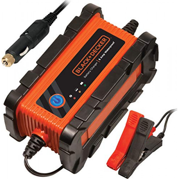 BLACK + DECKER BC6BDW Cargador / mantenedor de batería a prueba de agua de 6 A 12 V completamente automático con abrazaderas para cables