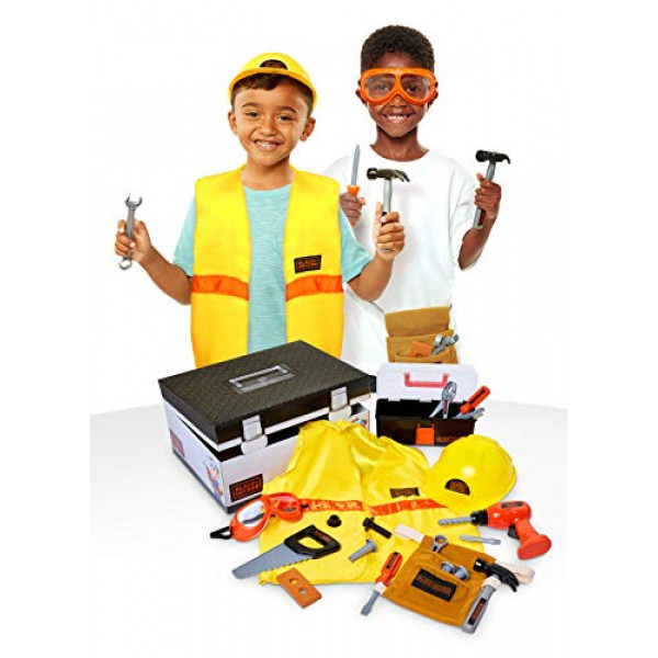 BLACK + DECKER Tronco de construcción para niños con accesorios de vestuario de juego de rol de tela, herramientas de juguete realistas y caja de herramientas portátil para niños, 22 piezas incluidas (exclusivo de Amazon)