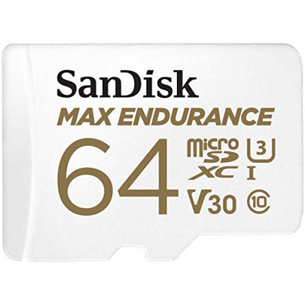 Tarjeta SanDisk 64GB MAX Endurance microSDXC con adaptador para cámaras de seguridad para el hogar y cámaras de tablero - C10, U3, V30, 4K UHD, tarjeta Micro SD - SDSQQVR-064G-GN6IA