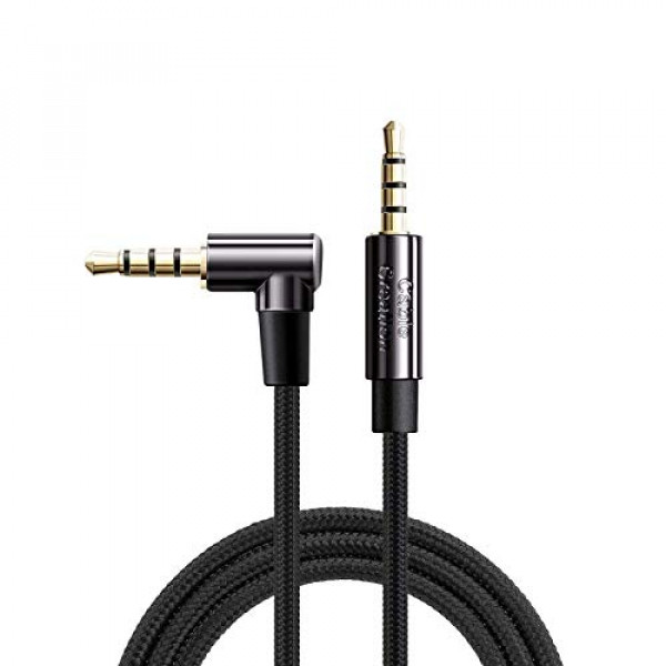 Cable TRRS, CableCreation Cable de alta fidelidad con conector estéreo de audio macho a macho de ángulo recto de 3,5 mm con núcleo de cobre plateado compatible con coche, iPhone, tabletas, auriculares PS4, Xbox One, negro / 1,5 pies
