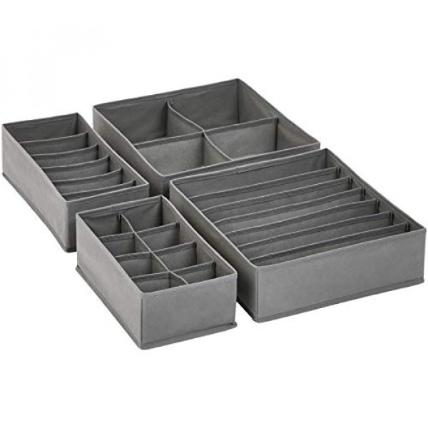 Amazon Basics - Organizador de almacenamiento de cajones de tocador gris para ropa interior, juego de 4