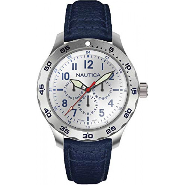 Nautica Cruise Ncc01 Multi NAPNCI802 Reloj de moda de cuarzo de cuero plateado para hombre