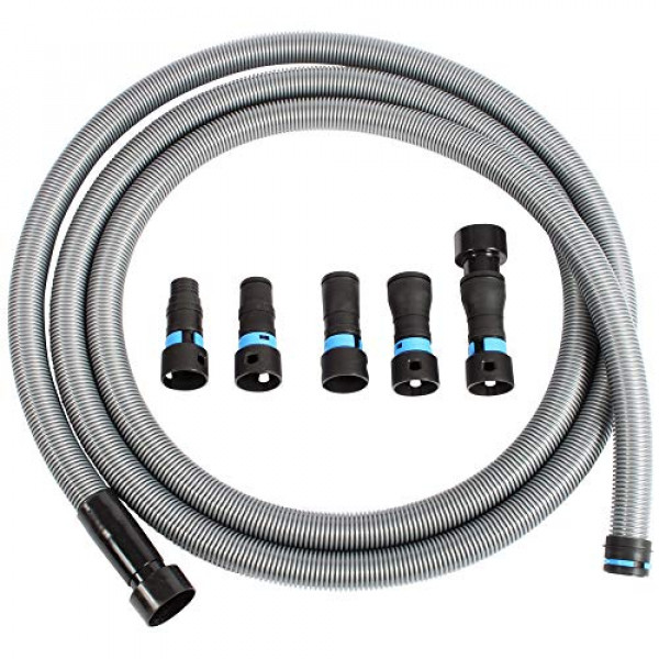 Cen-Tec Systems 94709 Quick Click 16 pies. Manguera para aspiradoras domésticas y comerciales con juego de adaptadores expandidos de herramientas eléctricas multimarca para recolección de polvo, plateado