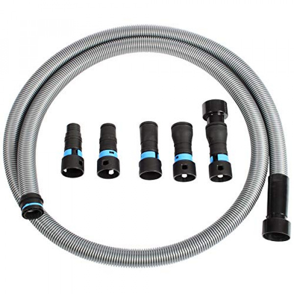 Cen-Tec Systems 94698 Quick Click 10 pies. Manguera para aspiradoras domésticas y comerciales con juego de adaptadores expandidos de herramientas eléctricas multimarca para recolección de polvo, plateado