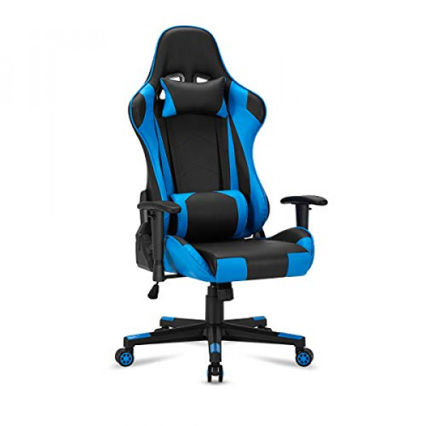 YOLENY Silla para juegos Silla para juegos de computadora Silla de oficina Silla ergonómica para PC con respaldo alto Silla de escritorio con ajuste de altura y balancín giratorio con reposacabezas y soporte lumbar, azul