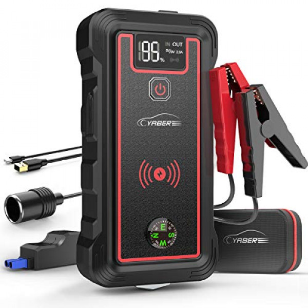 YABER Car Jump Starter, 2500A Peak 23800mAh Car Battery Jump Starter (Todo gas o 8.0L Diesel) Cargador inalámbrico portátil con linterna LED, encendedor de cigarrillos EC5, martillo de seguridad, pantalla LCD