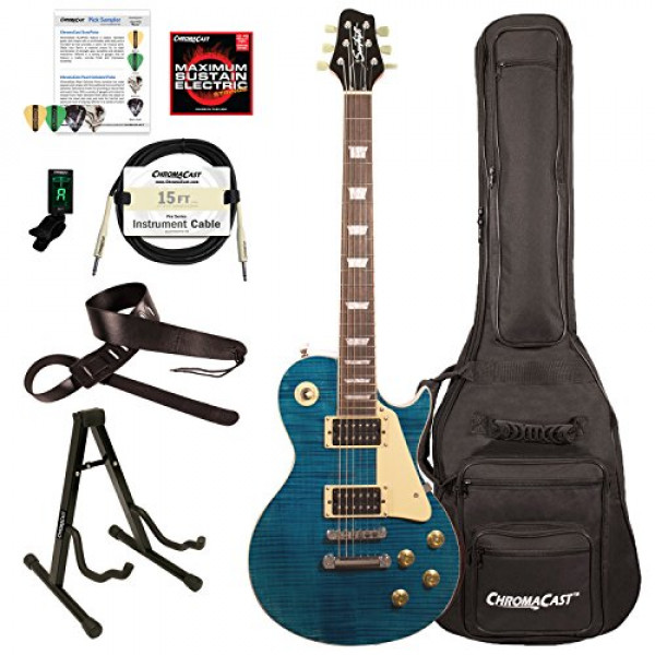 Guitarra eléctrica Sawtooth Heritage Series Flame Maple Top con funda ChromaCast y accesorios, Cali Blue Flame