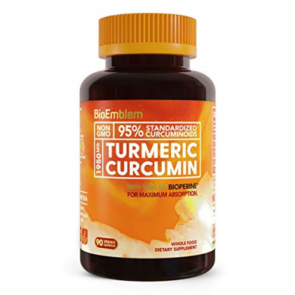 Suplemento de curcumina de cúrcuma BioEmblem con BioPerine | Apoyo articular y antiinflamatorio | con polvo de cúrcuma orgánica y extracto de curcuminoides al 95% | Fabricado en California, sin OMG, suministro para 30 días