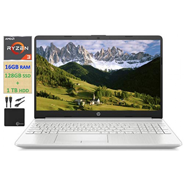 2021 Computadora portátil HP insignia de 15.6 ”HD, AMD Ryzen 3 3250U hasta 3.5GHz (Beat Intel i5-7200U), 16GB RAM, 128GB SSD + 1TB HDD, HD Webcam, Trabajo remoto, WiFi, Bluetooth 4.2, HDMI, Win10 S, con cables Marxsol