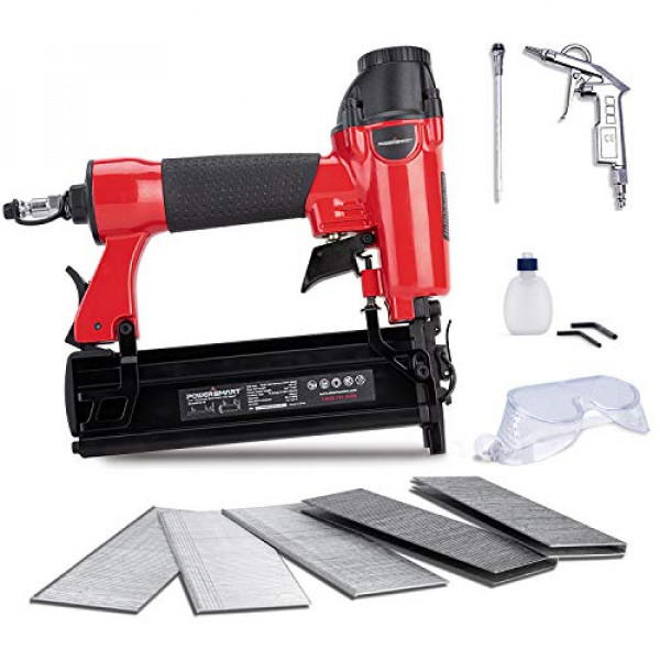 Clavadora POWERSMART Brad, clavadora neumática 2 en 1, compatible con calibre 18, 5/8 pulg. A 2 pulg., Pistola de clavos neumática de 100 sujetadores, 300 clavos Brad, 200 grapas de corona incluidas, PS6130