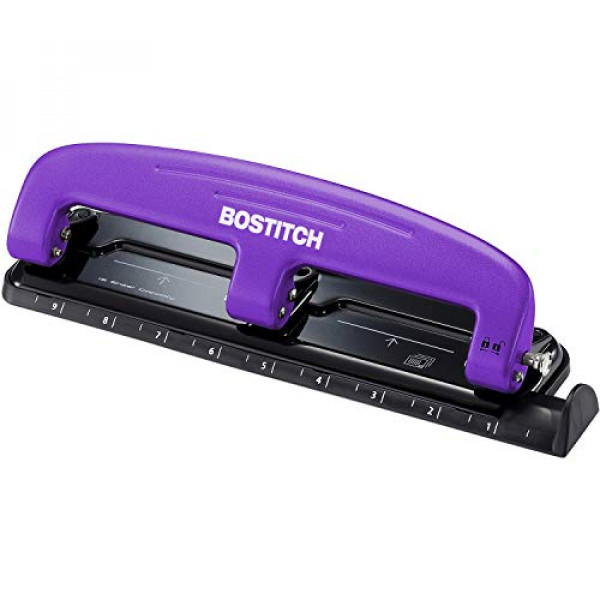 Bostitch Office EZ Squeeze Reduced Effort Perforadora de 3 orificios, 12 hojas, morado, negro, 1.6 x 3 x 11 
