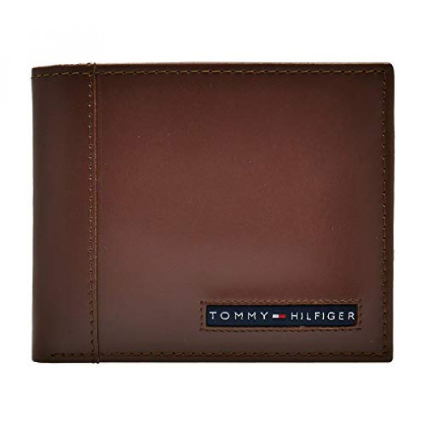 Billetera de cuero Tommy Hilfiger para hombre, plegable delgada con 6 bolsillos para tarjetas de crédito y ventana de identificación extraíble, beige tostado, talla única