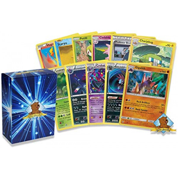 50 tarjetas de Pokémon surtidas, 3 tarjetas raras, 2 tarjetas holográficas, 45 comunes / infrecuentes, auténticas, ¡incluye caja de almacenamiento Golden Groundhog Deck!