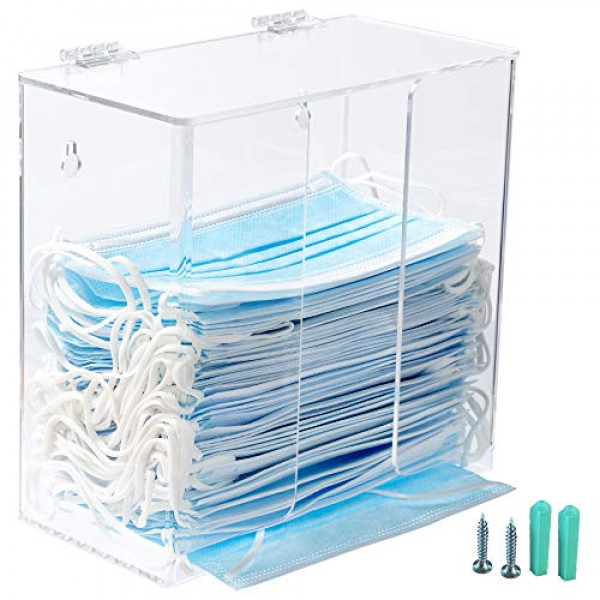 SEANADO Caja dispensadora de mascarillas, soporte de acrílico para guantes, estación de higiene con tapa para mascarillas desechables, bolsa de emesis, cubierta de zapatos y redecilla, orificios de montaje en pared o soporte de mesa