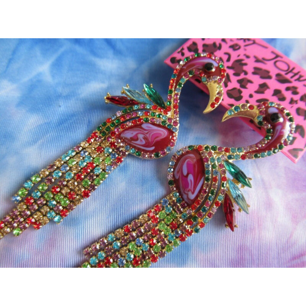 BETSEY JOHNSON BIRD FLAMIGO MULTICOLOR RHINESTONE PENDIENTES LARGOS NUEVO