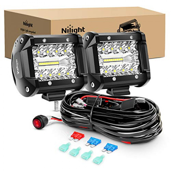 Nilight LED Light Bar 2PCS 60W 4 pulgadas Flood Spot Combo LED Work Light Pods Lámpara de conducción de trabajo de triple fila con kit de arnés de cableado de 12 pies - 2 cables, 2 años de garantía