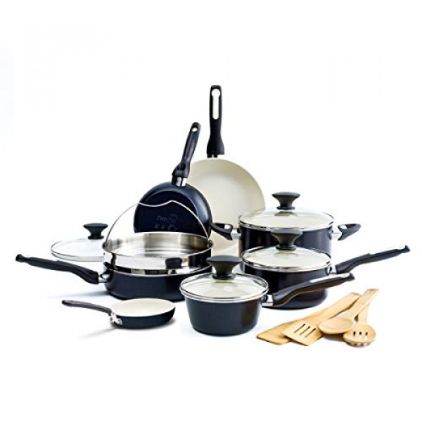 GreenPan Rio - Juego de ollas y sartenes de cerámica saludable, antiadherente, para utensilios de cocina, 16 piezas, color negro