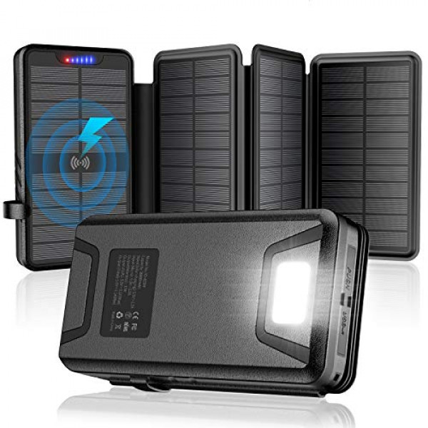 Cargador solar, banco de energía solar, 35800mAh con doble salida 3.1A Cargador inalámbrico QI, IP66 Linternas LED ultrabrillantes a prueba de agua compatibles con todos los dispositivos USB