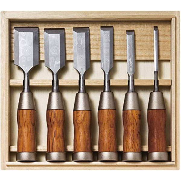 Juego de cinceles japoneses KAKURI de 6 piezas, cincel de madera profesional de Damasco de la más alta calidad Nomi para carpintería y tallado, acero forjado japonés Aogami (acero azul n. ° 2), fabricado en Japón