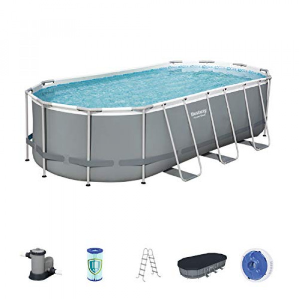 Bestway 56711E Power Steel 18 'x 9' x 48 Juego de piscina sobre el suelo con marco ovalado para exteriores con filtro de cartucho de 1500 GPH, bomba, cubierta y escalera, gris