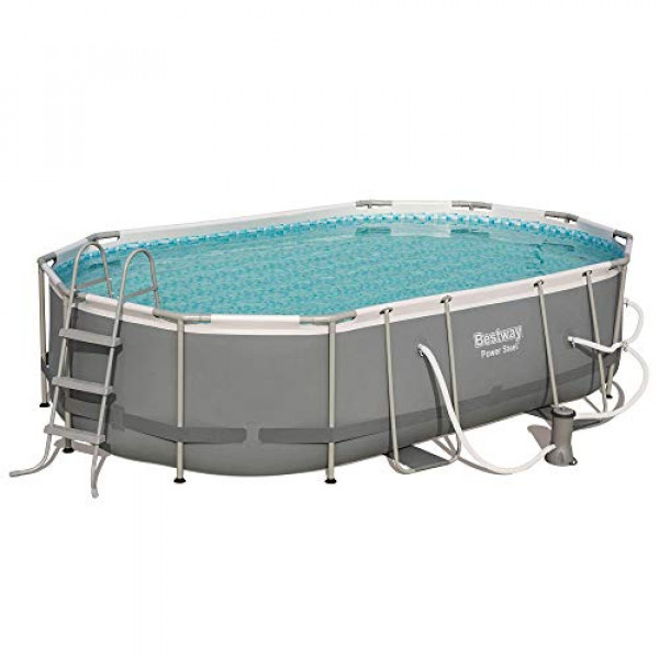 Bestway 56655E Power Steel 16 pies x 10 pies x 42 pulgadas Marco ovalado para exteriores sobre el suelo Piscina con bomba de filtro de cartucho de 1000 GPH, escalera y cubierta