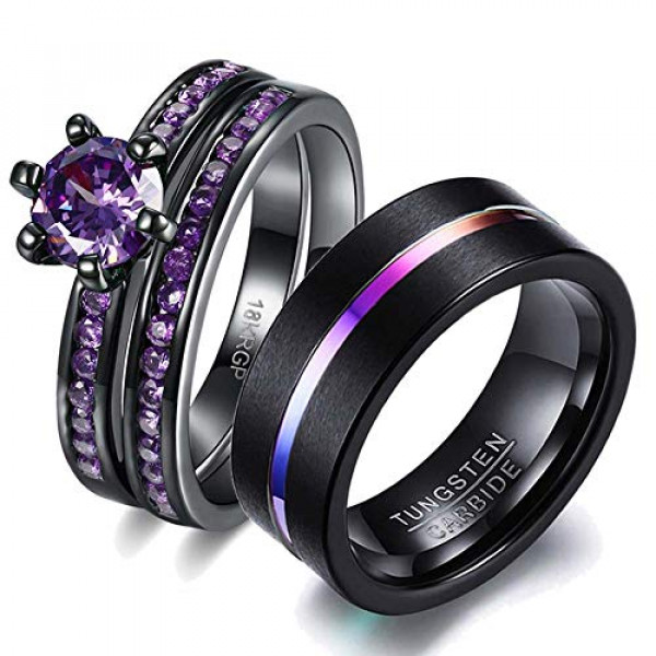 Juego de anillos de boda El suyo Parejas Anillos a juego Anillo de compromiso de boda CZ violeta con relleno de oro negro de 18 k para mujer Conjuntos de novia y Alianza de boda de carburo de tungsteno para hombre