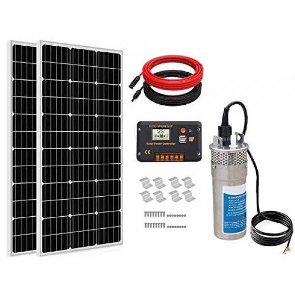 ECO-WORTHY Kit de bomba de pozo solar para riego de 24 voltios - 1 bomba de agua solar sumergible + 2 paneles solares mono de 100 W + controlador de carga de pantalla LCD de 20 A + cable solar de 16,4 pies + soportes de panel solar