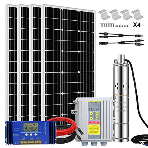 ECO-WORTHY - Kit de bomba de pozo de agua solar sumergible de 24 V y 400 W, bomba de agua solar de 3 pulgadas, controlador de 60 A y cable de 16 pies para suministro de agua de riego, circulación, jardín