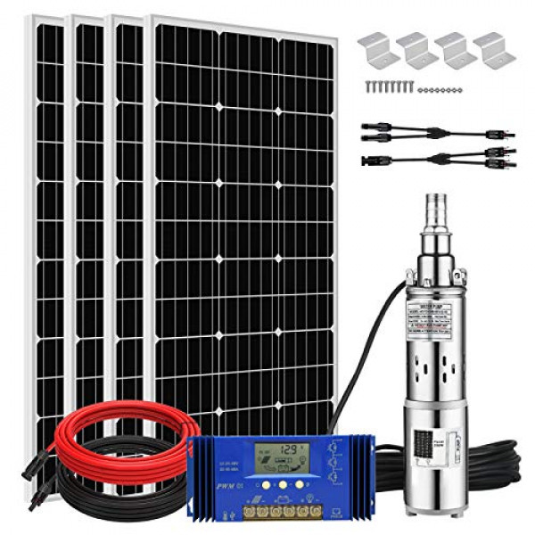 ECO-WORTHY Sistema de bomba de pozo sumergible de 24 V y 400 W, bomba de agua solar de 250 W de flujo grande de 3 pulgadas de acero inoxidable con panel solar de 400 W, flujo máximo de 1500 L / H, altura máxima de 98 pies