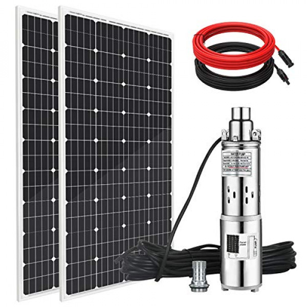 ECO-WORTHY Sistema de bomba de pozo sumergible de 24 V, bomba de agua solar de 250 W de flujo grande de 3 pulgadas de acero inoxidable con panel solar de 390 W y cable solar de 16 pies, flujo máximo de 1500 L / H, altura máxima de 98 pies