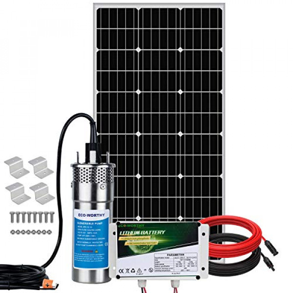 ECO-WORTHY Sistema de bomba de pozo solar de 12 V, flujo grande de 3,2 GPM, panel solar de 100 W + bomba de pozo sumergible de acero inoxidable + batería de litio de 6 Ah + cables de 16 pies para riego remoto, jardín, riego, tanque
