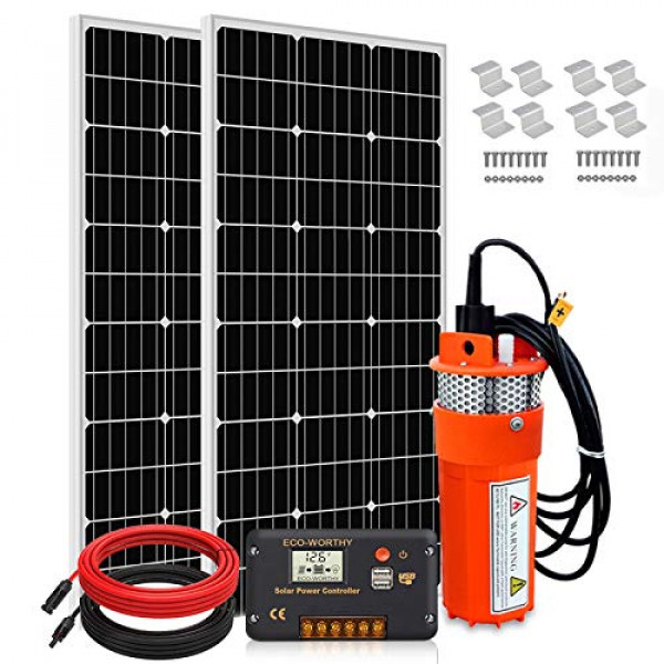 ECO-WORTHY Sistema de bomba solar de pozo profundo, bomba de agua de 24 V + 2 paneles solares monocristalinos de 100 W + controlador de 20 A + cable solar de 16,4 pies para riego, camping