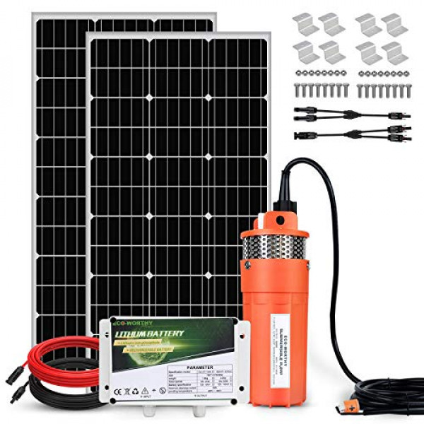 ECO-WORTHY Sistema de bomba de pozo solar todo en uno de 12 V, bomba de pozo sumergible de flujo grande + panel solar de 200 W + batería 2 en 1 de 6 Ah + cable de 16 pies para riego remoto, jardín, riego, tanque