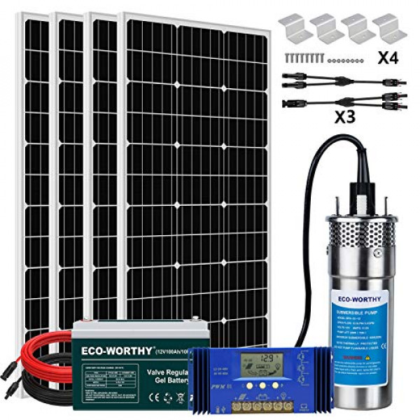 ECO-WORTHY Sistema completo de bomba de pozo solar de 12 V 400 W con batería de 100 Ah, bomba de pozo de flujo grande de 12 V y controlador de carga de 60 A para riego remoto, jardín, riego agrícola, llenado de tanques