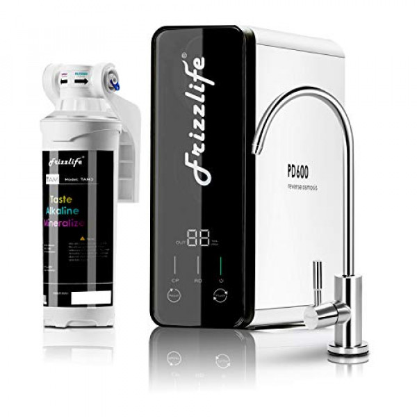 Sistema de filtración de agua de ósmosis inversa Frizzlife RO - 600 GPD de alto flujo, sin tanque, reducción de TDS, compacto, pH mineral alcalino, relación de drenaje 1,5: 1, soporte técnico de EE. UU., PD600-TAM3