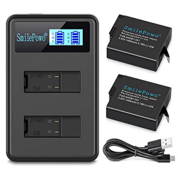SmilePowo 2 Batería recargable Cargador de batería LCD dual 1480mAh para GoPro Hero 5/6/7/8 Negro, GoPro Hero 2018, GoPro AHDBT-501 AABAT-001, GoPro 601-10197-000