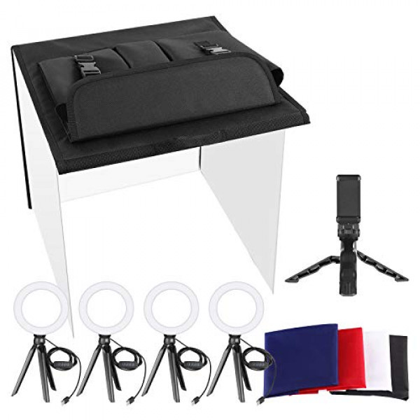 Neewer Photo Studio Box, 24 x 24 pulgadas, caja de luz fotográfica para mesa, kit de iluminación continua con 5 soportes para trípode, 4 luces de anillo LED, 4 fondos de color y un soporte para teléfono para productos, joyería, fotografía de alimentos