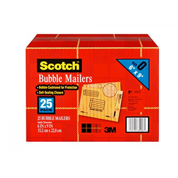 Scotch Bubble Mailer, 6 x 9 pulgadas, tamaño # 0, paquete de 25