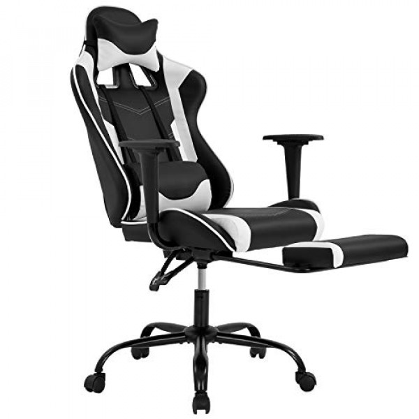 Silla para juegos para PC Silla ergonómica de oficina Silla de escritorio Cuero de PU Racing Executive Silla giratoria moderna para computadora con respaldo alto con brazos Reposapiés Soporte lumbar para mujeres Hombres Adultos Niñas