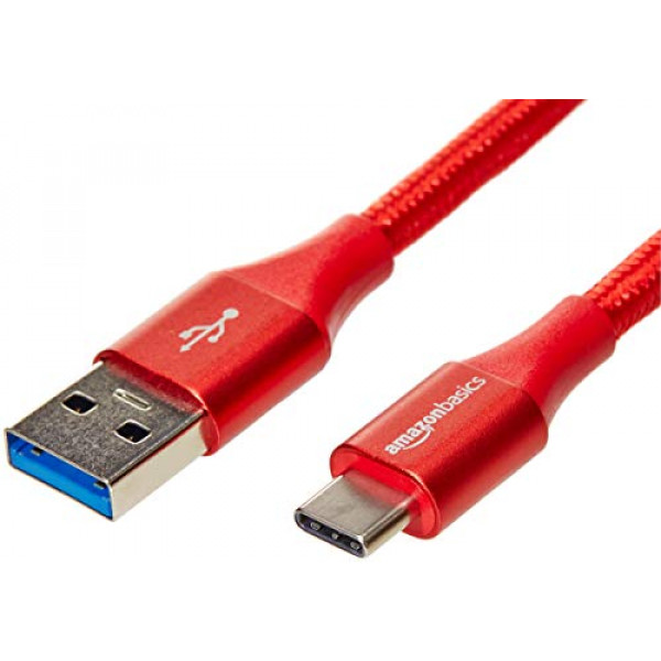 Cable cargador USB tipo C a tipo A 3.1 Gen 1 de nailon trenzado doble de Amazon Basics | 6 pies, rojo