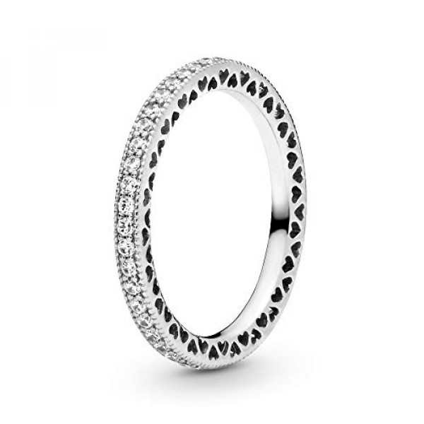 Pandora Jewelry Anillo de circonita cúbica Sparkle and Hearts en plata de ley, tamaño 7