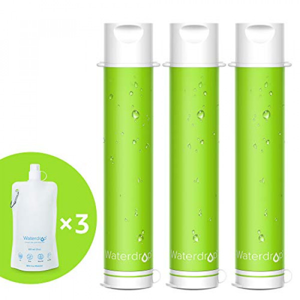 Paja de filtro de agua personal Waterdrop, sistema de filtración portátil para acampar, purificador de agua potable para viajes de emergencia, senderismo, mochilero, paquete de 3 (verde)